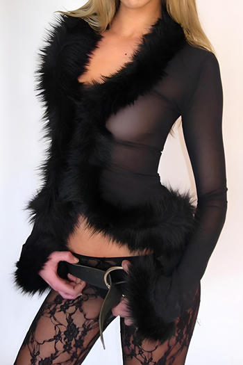 sexy slight stretch see through mesh furry v-neck all-match top