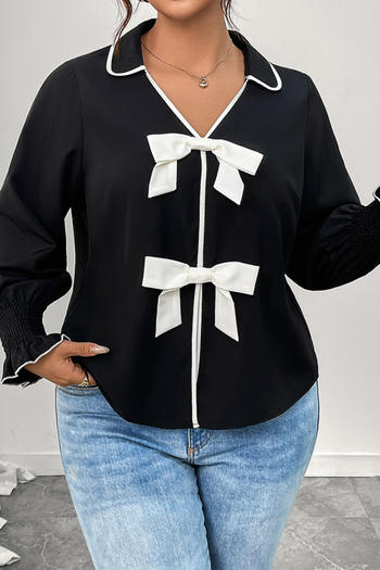 casual plus size non-stretch bow-decor shirt