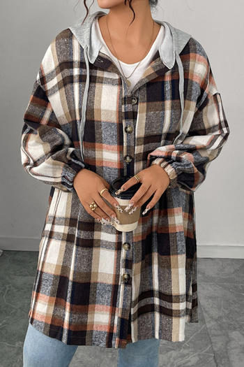 casual plus size non-stretch plaid print hooded mid-length jacket