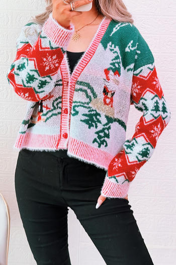 christmas stylish slight stretch jacquard v-neck button all-match sweater