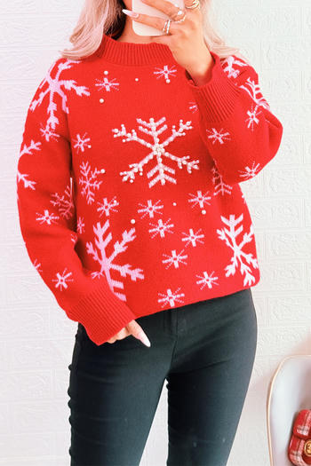 christmas casual slight stretch snowflake jacquard pearl decor all-match sweater