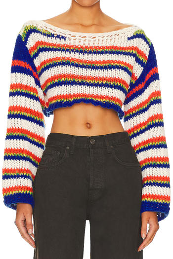 stylish slight stretch stripe knitted long sleeve all-match crop sweater