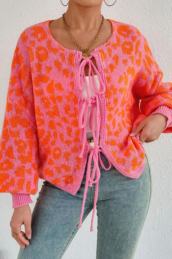 casual slight stretch jacquard leopard print lace-up loose knitted cardigan