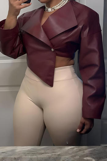 stylish slight stretch pu leather long sleeve all-match crop jacket
