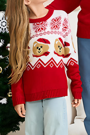 christmas stylish kids parent-child slight stretch bear jacquard sweater