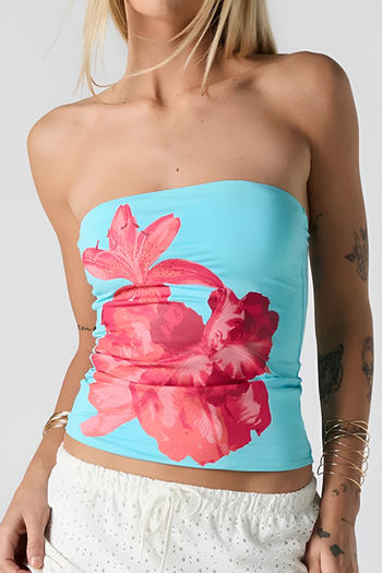 stylish slight stretch flower printing all-match slim bandeau vest