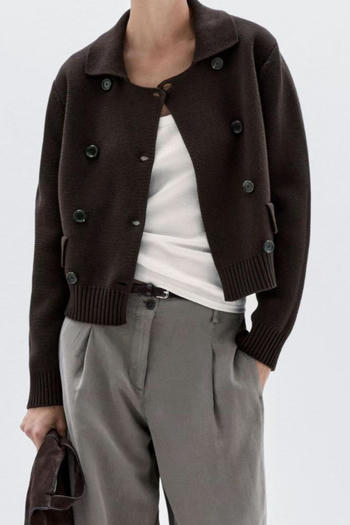 stylish slight stretch knitted pure colour double-breasted all-match sweater