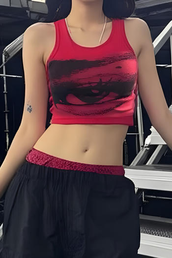 casual slight stretch eye print slim-fit crop vest