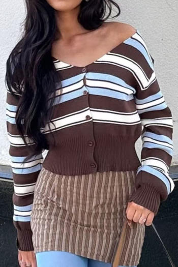 stylish slight stretch stripe knitted v-neck button all-match crop sweater