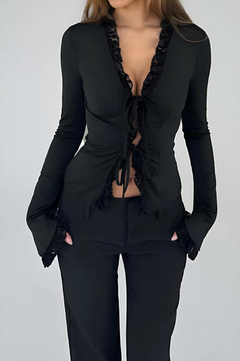 casual slight stretch lace splicing lace-up slim-fit top