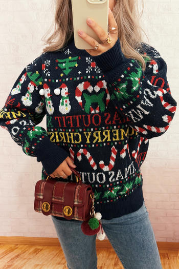 christmas slight stretch new jacquard snowman letter knit sweater
