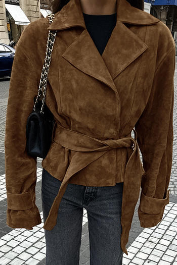 casual non-stretch lapel suede fabric solid color with belt jacket