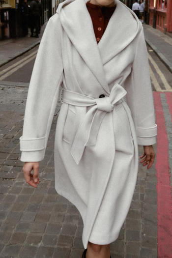 casual non-stretch hooded solid color with belt long jacket