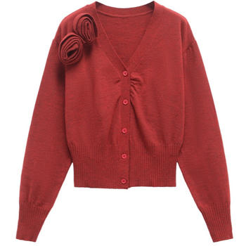 casual slight stretch ribbed knit flower decor v-neck sweaters