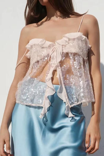 sexy non-stretch ruffle sequin decor tank top