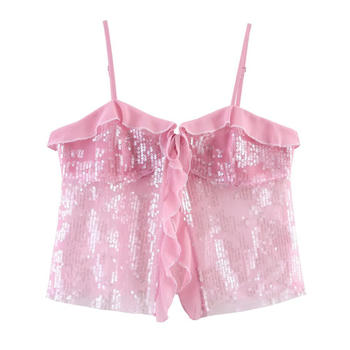 sexy non-stretch 4 colors ruffle sequin decor tank top