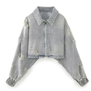 casual non-stretch washed denim lapel hole decor zip-up jacket