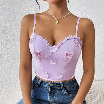 sexy slight stretch sling butterfly and flower decor tight backless crop vest