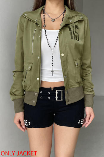 casual non-stretch crew neck letter printing zip-up jacket