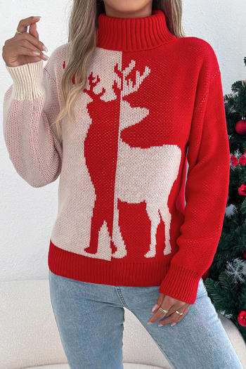 christmas stylish slight stretch color-block deer knitted turtleneck sweater