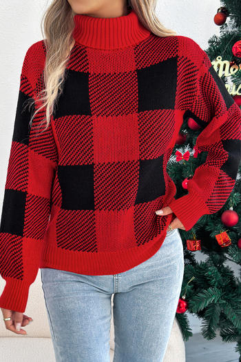 christmas stylish slight stretch checkered knitted turtleneck sweater