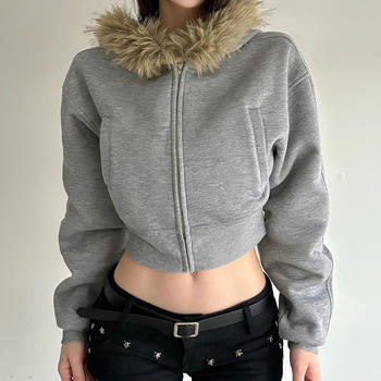 casual non-stretch hooded loose zip-up jacket