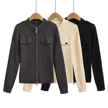 casual slight stretch ribbed knit crew neck zip-up sweaters(size run small)