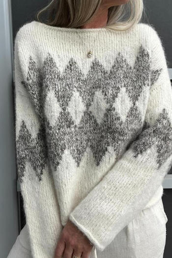 casual slight stretch contrast color diamond pattern knitted sweater