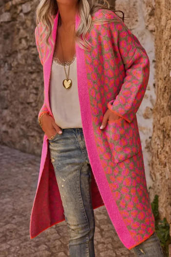casual slight stretch knitted leopard print loose mid-length cardigan