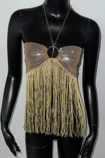 sexy non-stretch metal chain halter neck with rhinestone tassels top