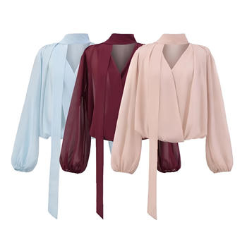 casual non-stretch 3 colors with scarf v-neck blouses(size run small)