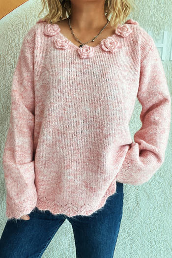 casual slight stretch 4 colors solid color flower decor knitted sweater