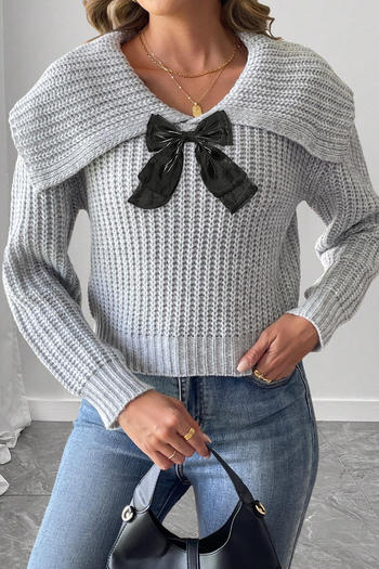 stylish slight stretch knitted bow decor big turndown collar sweater