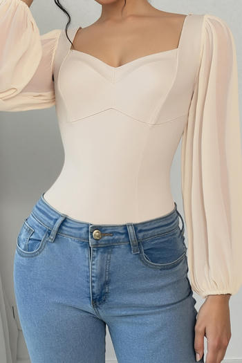 casual slight stretch stitching mesh square neck bodysuit