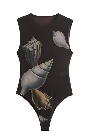 stylish slight stretch mesh conch printing all-match bodysuit