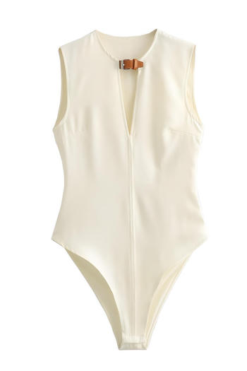 xs-l stylish slight stretch pure colour v-neck buckle design all-match bodysuit