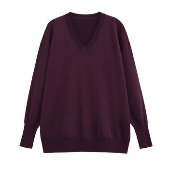 casual slight stretch ribbed knit v-neck solid color loose sweaters