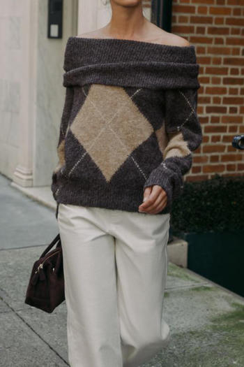 casual slight stretch ribbed knit off shoulder rhombus pattern sweaters