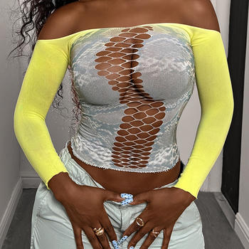 sexy high stretch contrast color leopard printing hollow top