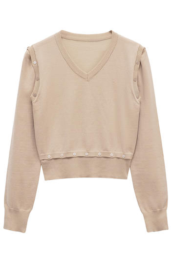 casual slight stretch ribbed knit v-neck detachable sleeve sweaters
