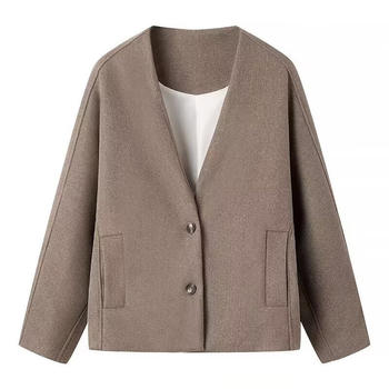 casual non-stretch tweed v-neck solid color jacket