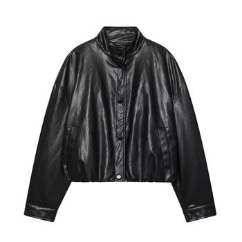 casual non-stretch imitation leather solid color high collar jacket
