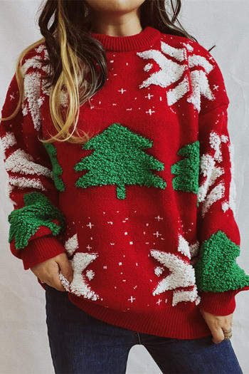 christmas slight stretch knit tree snowflake jacquard thick sweater