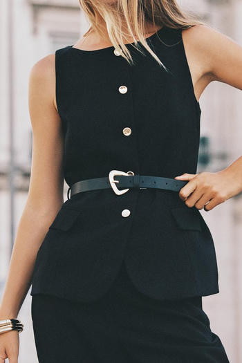 casual non-stretch crew neck with belt solid color tank top