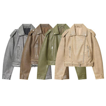 casual non-stretch pu 4 colors lapel zip-up jacket