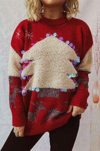 christmas slight stretch 3d christmas tree elk sequins decor knitted sweater