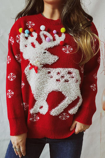 christmas slight stretch jacquard elk colored balls decor knitted sweater