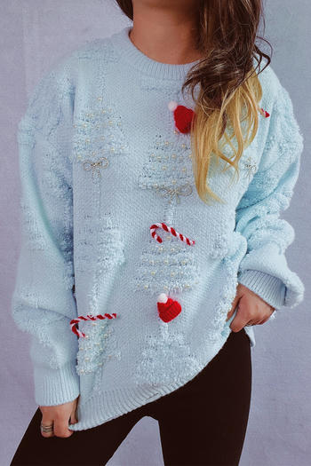 christmas slight stretch pearl christmas hat bow decor knitted sweater #1