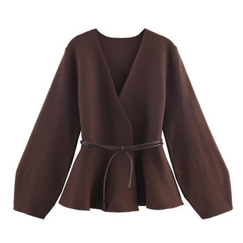 casual slight stretch v-neck solid color with belt sweaters