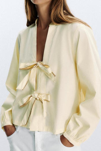 casual non-stretch v-neck solid color bow decor blouses
